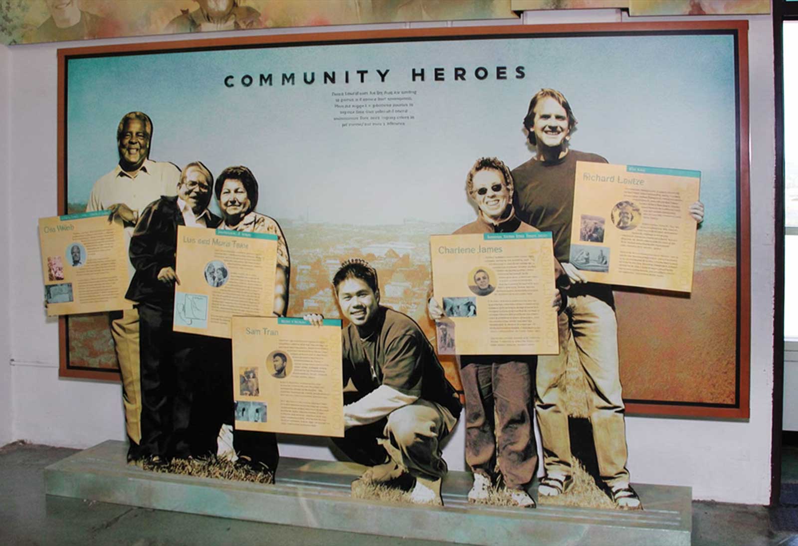  Community Heroes Exhibit | Chrissy Field Visitor Center | Layered CNC cut MDF cutouts with printed and laminated graphics 