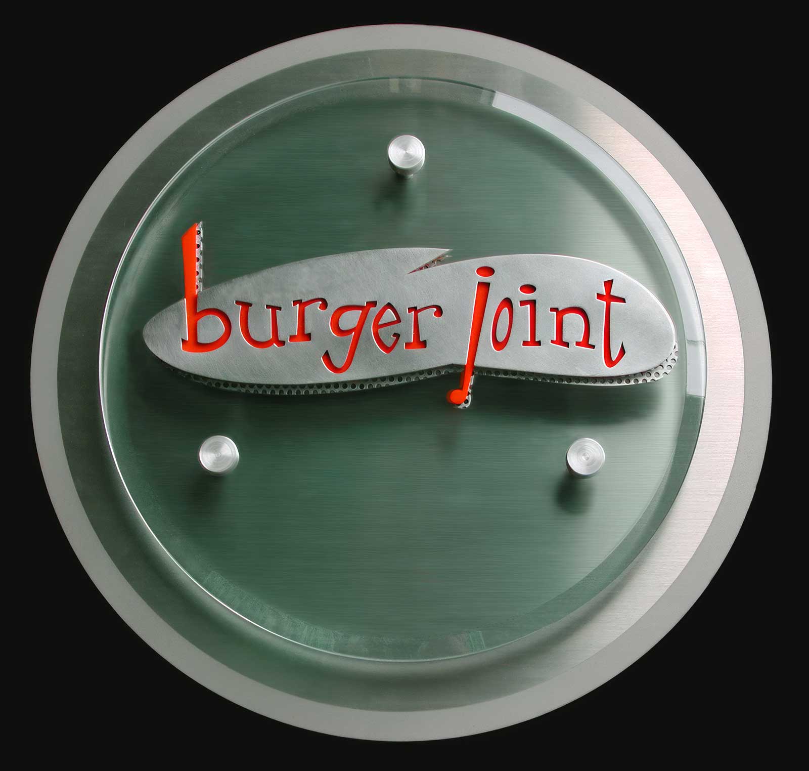  Restaurant Identity Signage | Burger Joint SFO | Waterjet-cut dimensional elements with beveled glass disk 