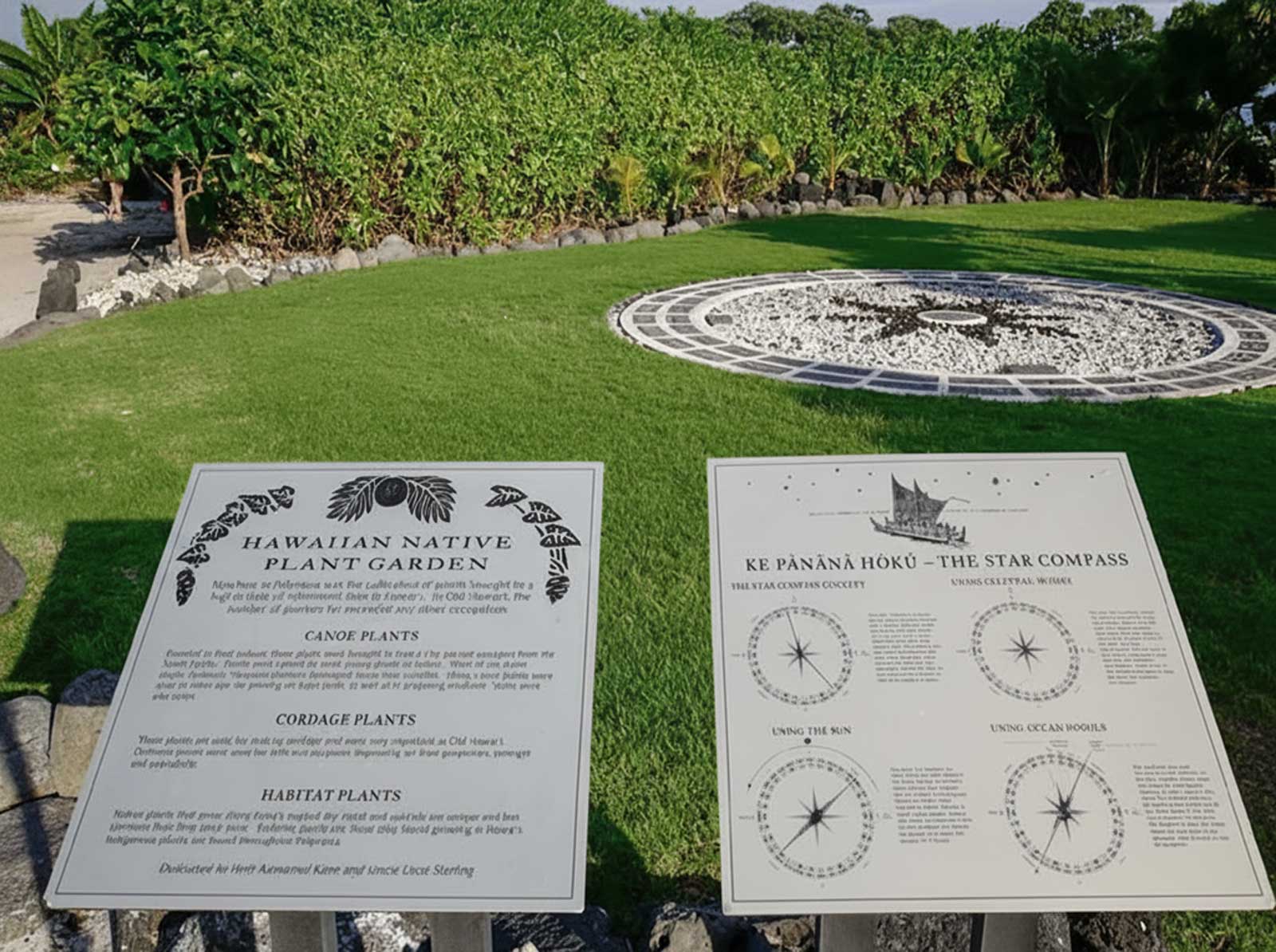  Interpretive Signage | Kohanaiki Cultural Learning Center | Photo engraved stainless steel panels paired with monument elements for permanence 