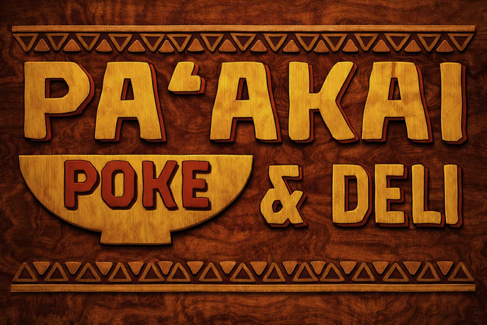  Logo | Pa’akai Poke & Deli | Koa veneer and monkeypod wood treatments translating brand identity directly into material presence 