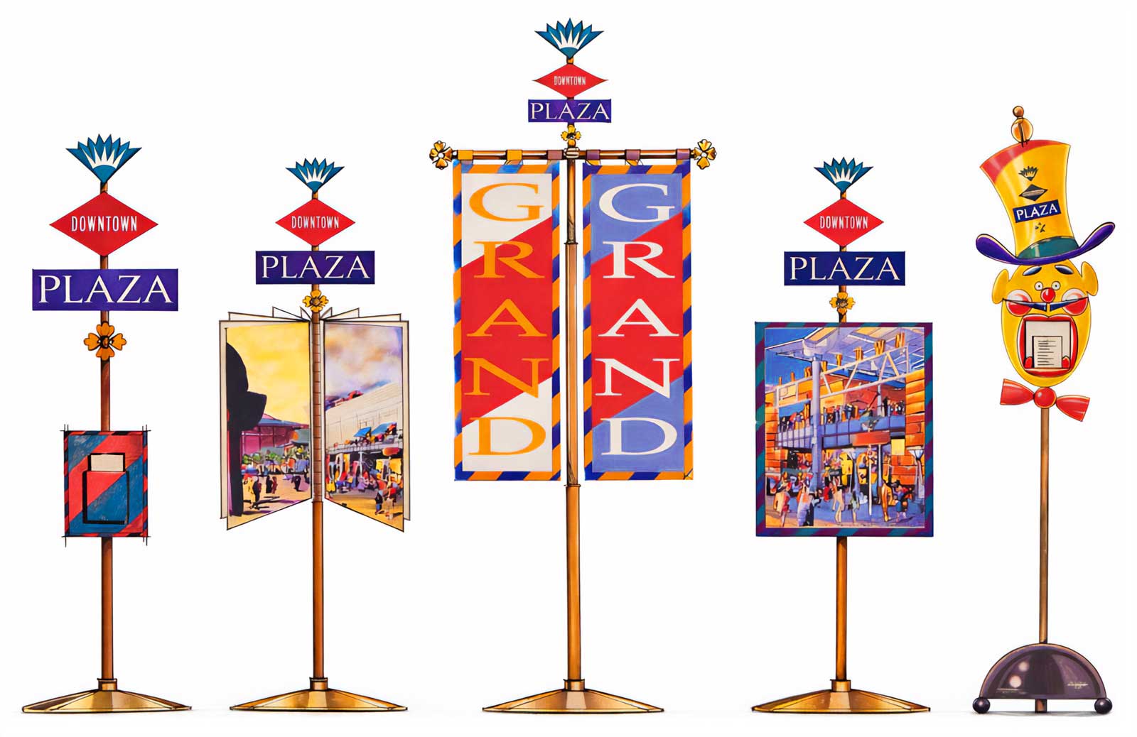  Signage Concept Drawings | Downtown Plaza | Presentation graphics translating the identity across multiple freestanding sign formats 