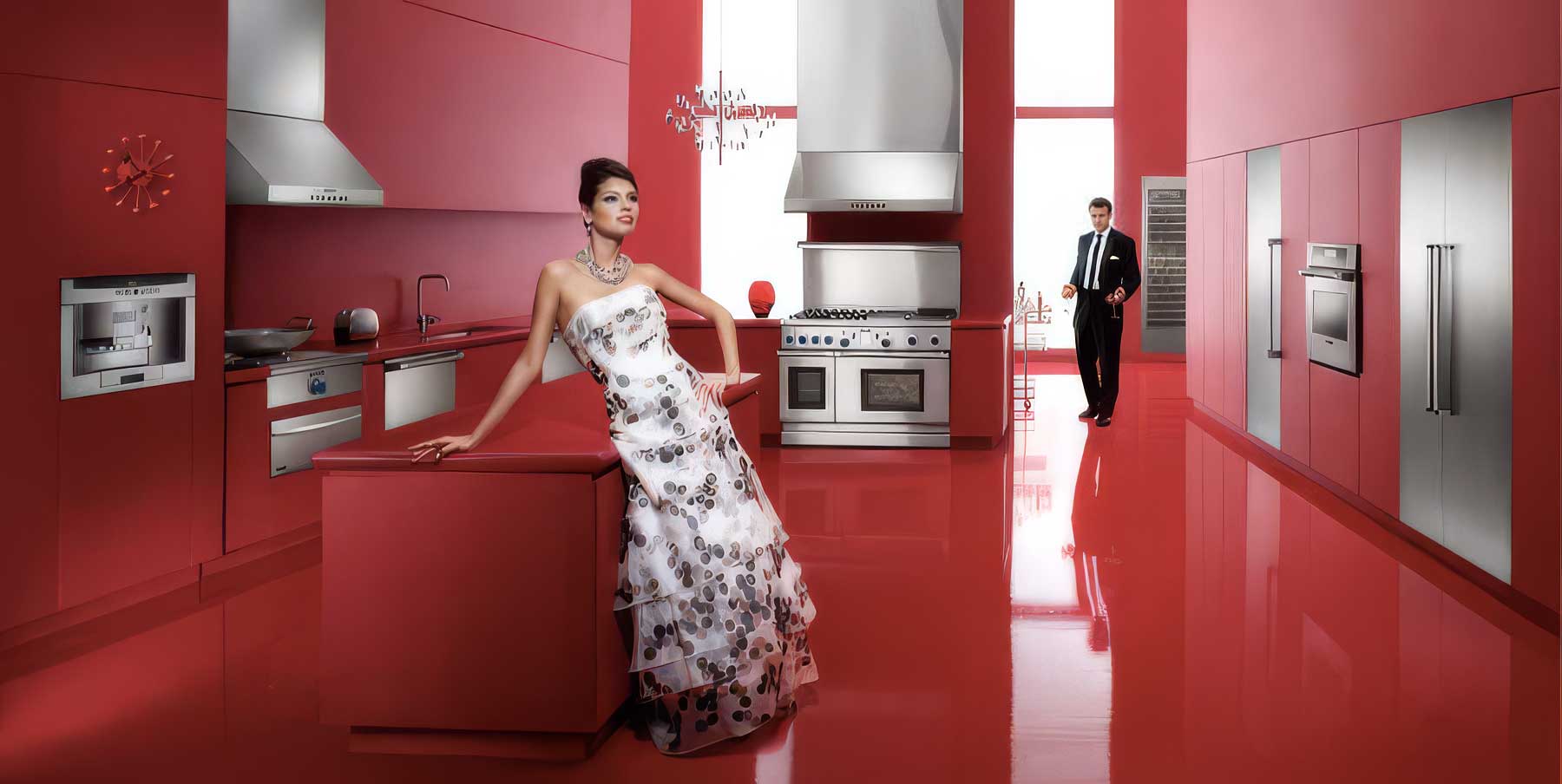  Expansive Kitchen | Amana | Hyper-saturated red kitchen constructed as a bold, immersive magazine ad environment 