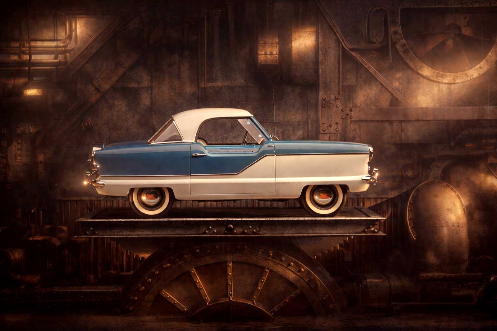  Nash Metropolitan Factory | Fine Art Automotive Campaign | Retro industrial environment integrating vehicle, wood, fiberboard tubing, and steel elements 