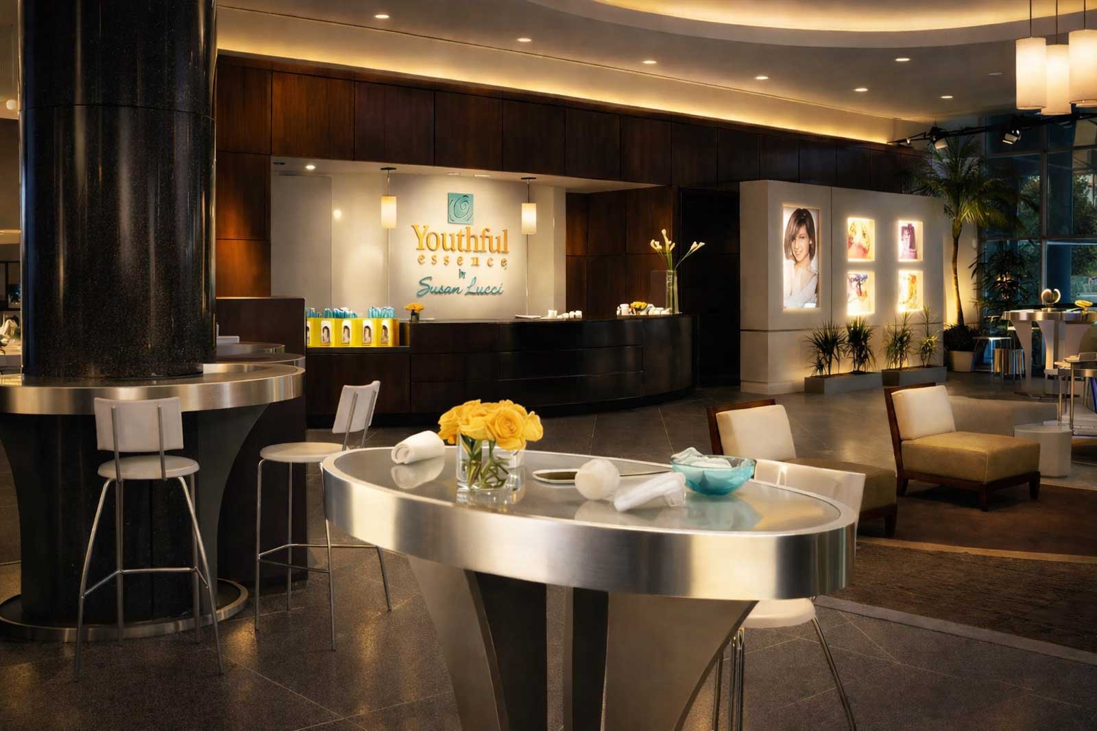  Youthful Essence Commercial Set | Television Production | Dimensional column, backlit signage, and fabricated display elements integrated on location 