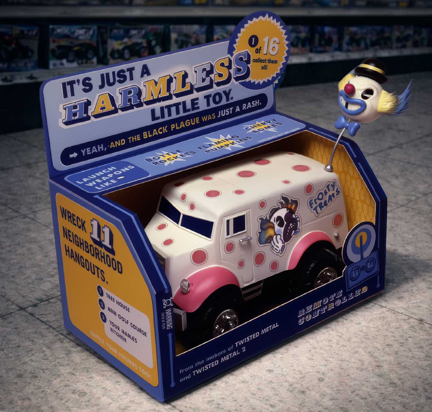  Twisted Metal | Promotional packaging and custom RC truck graphics for video game ad | Vacuum-formed truck body and sculpted epoxy clown antenna ball
 