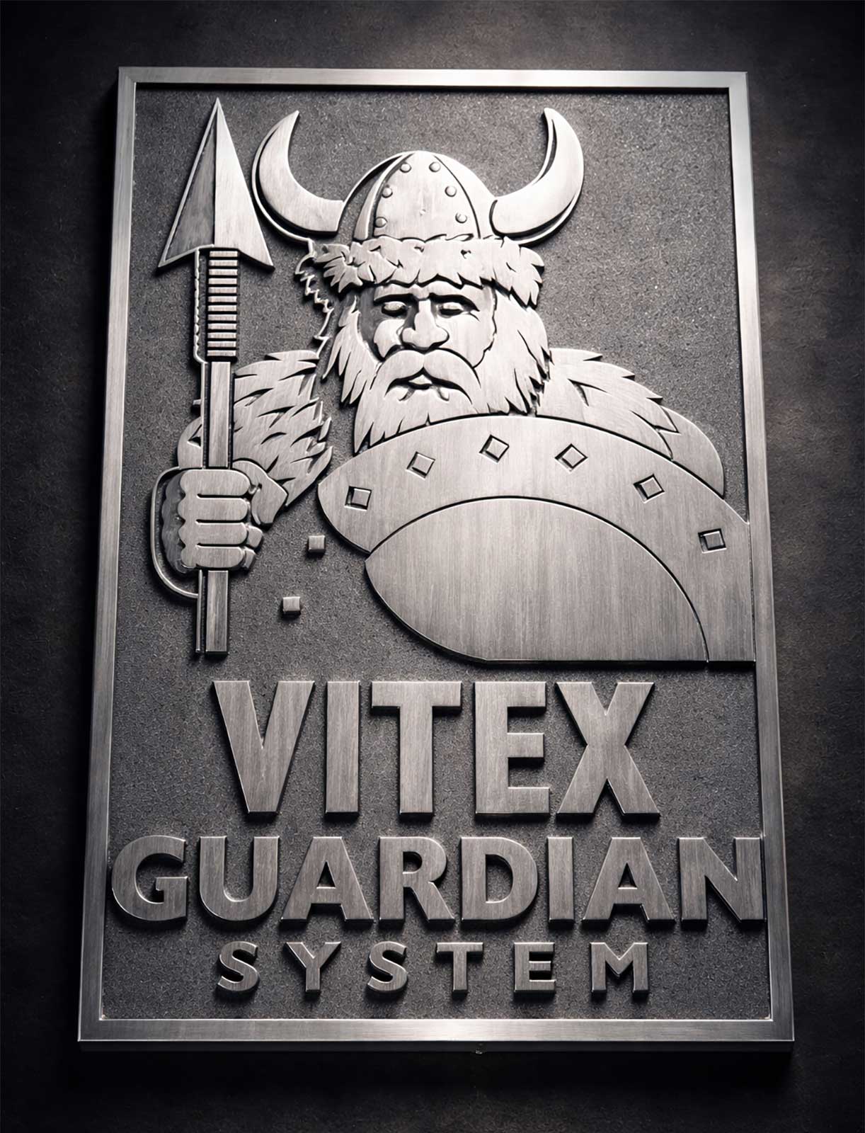  Aluminum Dimensional Logo | Vitex Guardian System | Milled and sandblasted aluminum plaque 