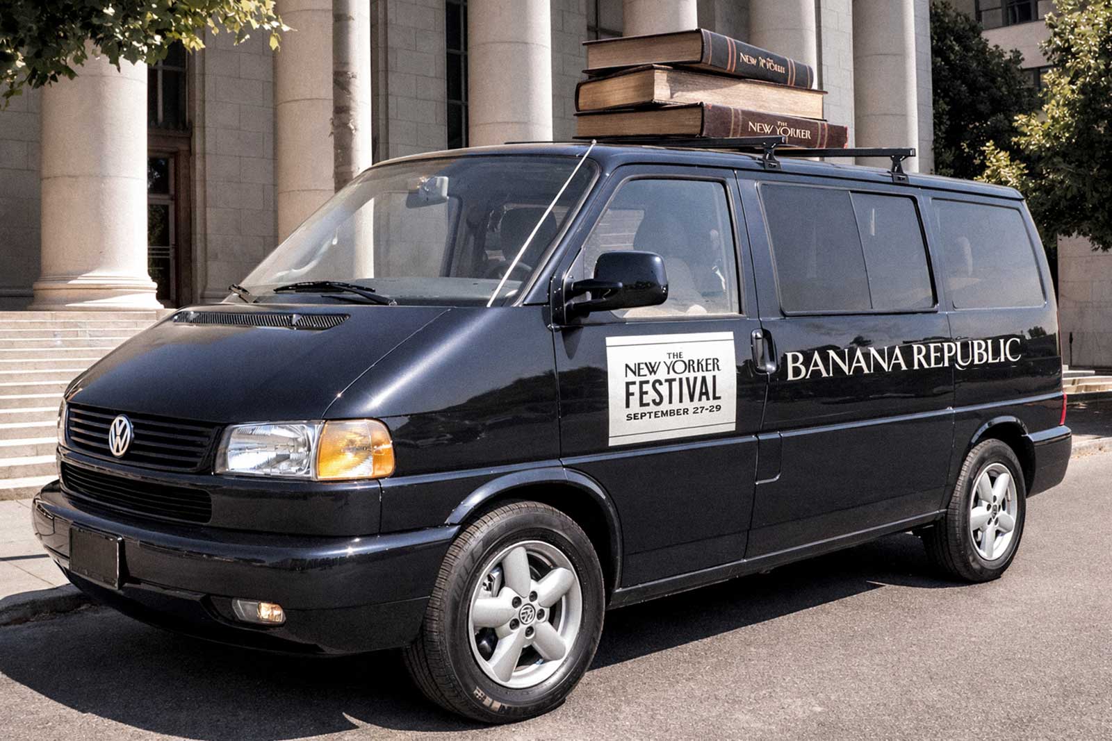  Branded Shuttle Van | The New Yorker Festival | Oversized element-proof book stack transforms shuttle van 