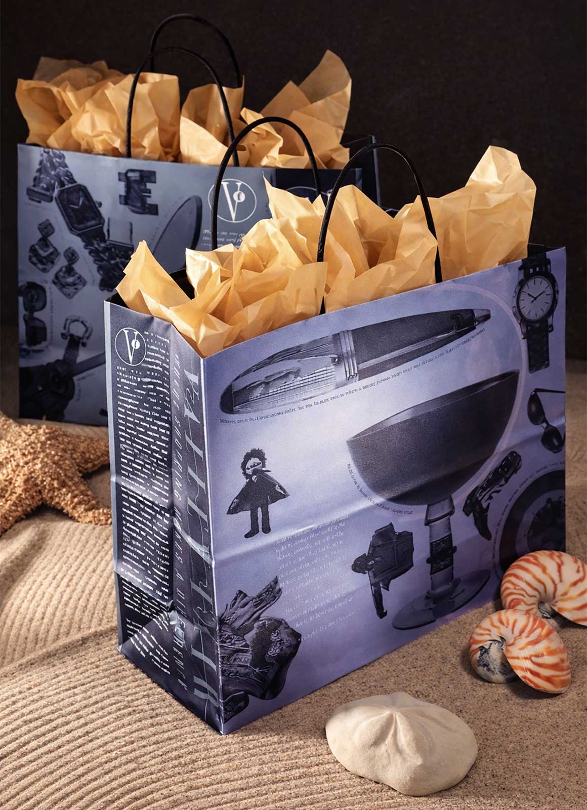  Duotone retail bags featuring subtle spot varnish overprint logo 