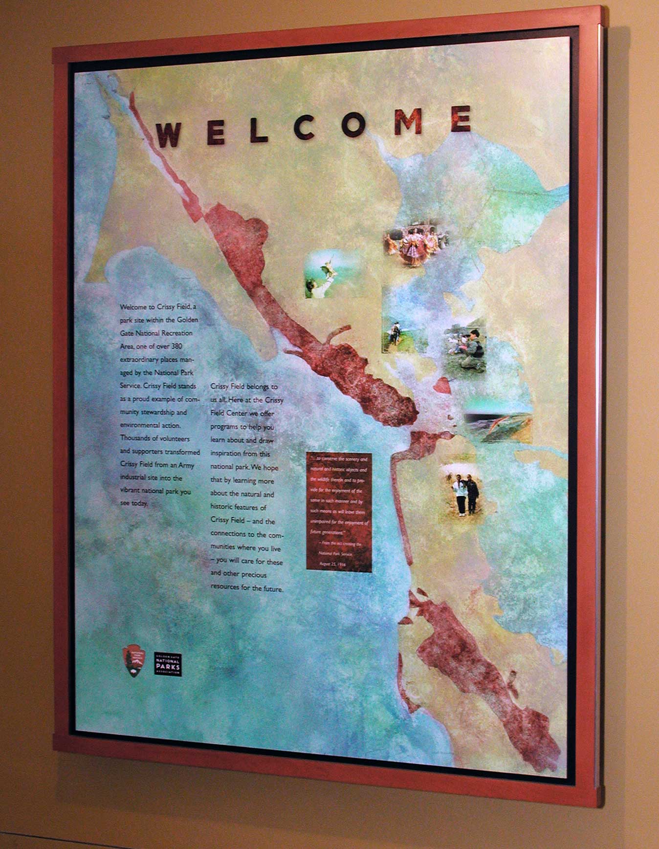  Welcome panel with dimensional applique letters over laminated UV print 