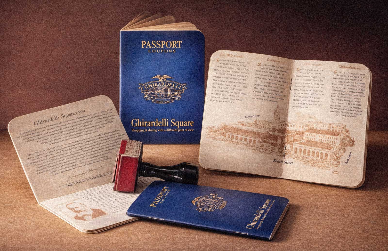  Passport Coupon Book | Ghirardelli Square | Savings passport concept structured as a tactile loyalty program 