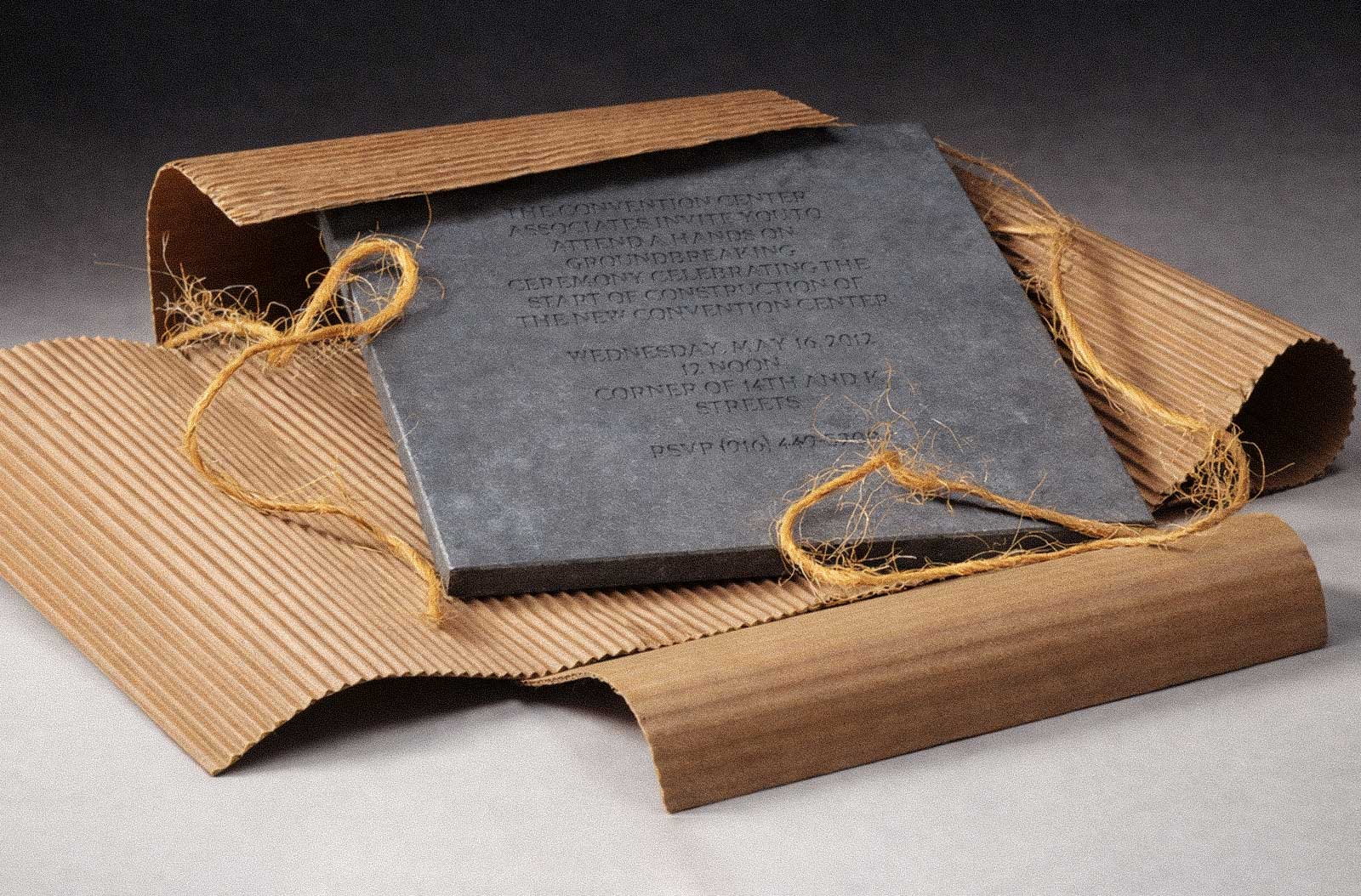  Concrete Invitation | Sacramento Convention Center | One-of-a-kind 6 lb. concrete marketing message delivering the announcement with literal weight | 60 cast for VIP recipients 