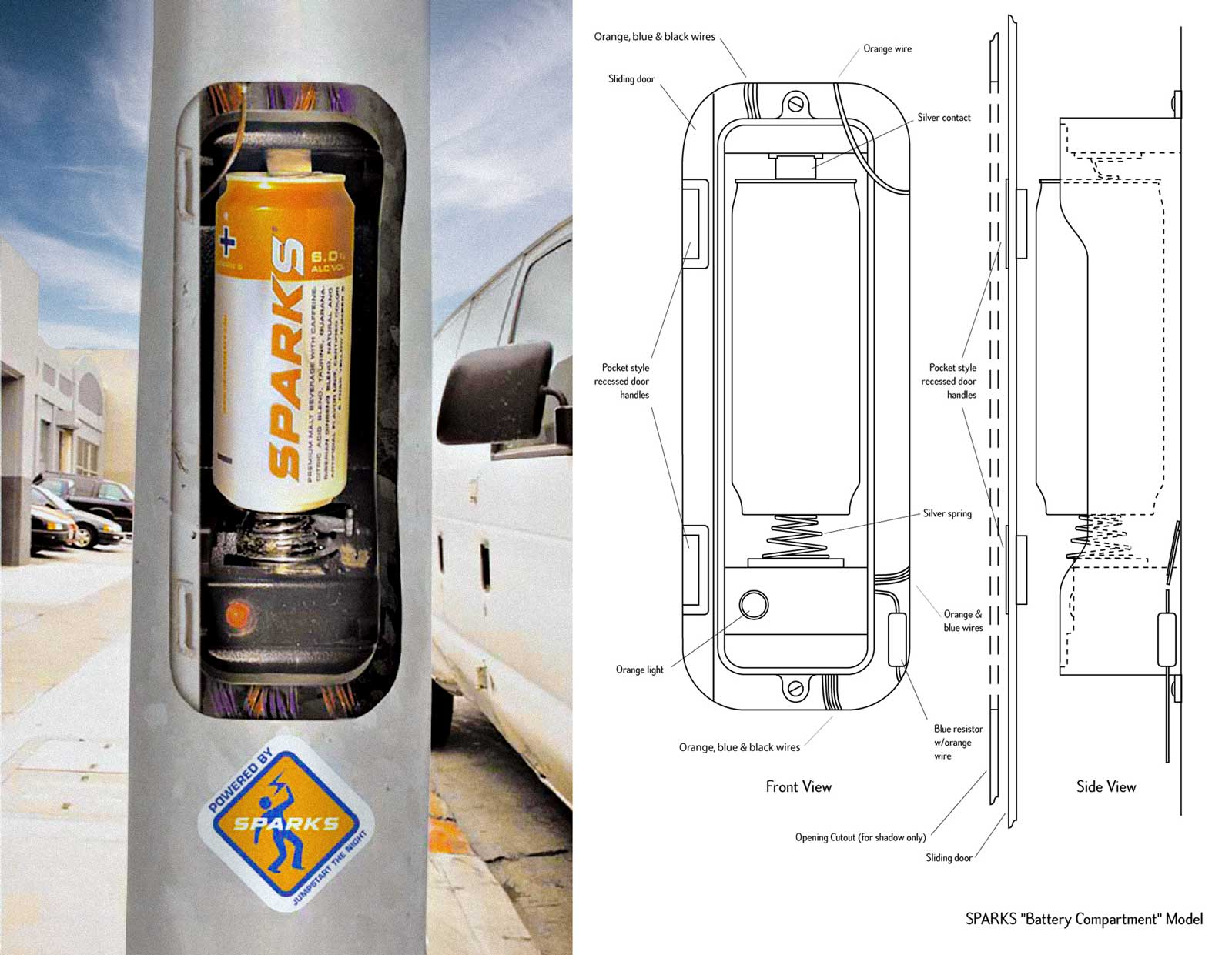  Utility Pole Power Install | Sparks |
Concept comp and technical drawing for fabricated “battery compartment” model. Built as a practical prop and converted into sticker artwork for viral street deployment. 