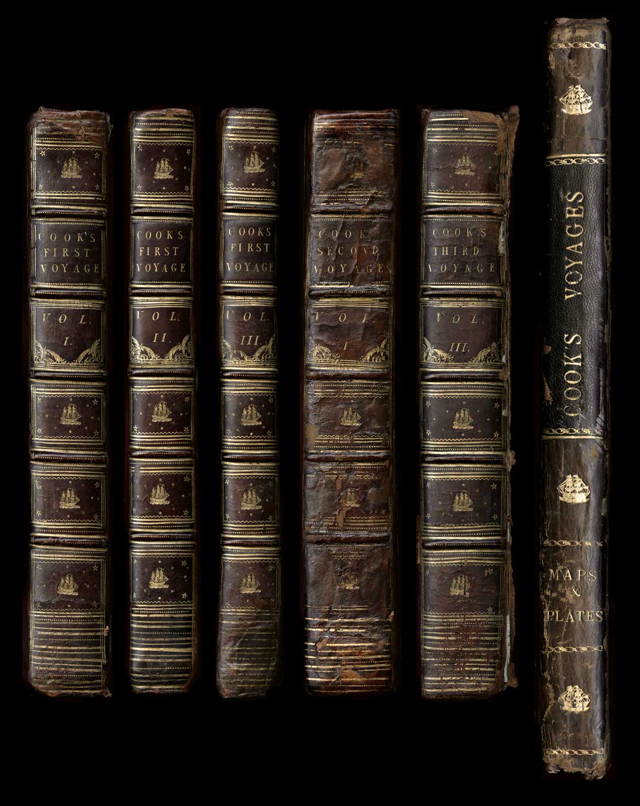  Spines of first-edition Captain Cook copperplate engraved journal set from 1783 for Bishop Museum, Honolulu  