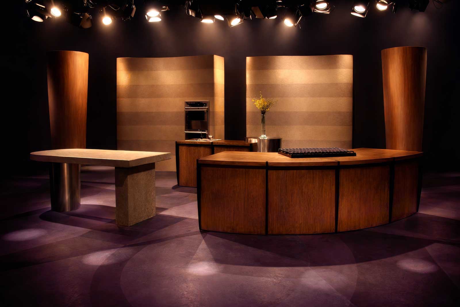  Cooking at the Academy | PBS Cooking Show Set | Multi-material studio set including turned EPS columns, plaster, cast concrete, and brushed aluminum 