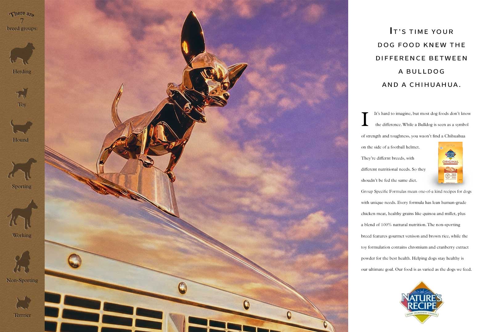  Nature's Recipe Chihuahua | Cast and nickel plated custom sculpted hood ornament for magazine ad | Epoxy sculpt, cast in pewter and plated in nickel 