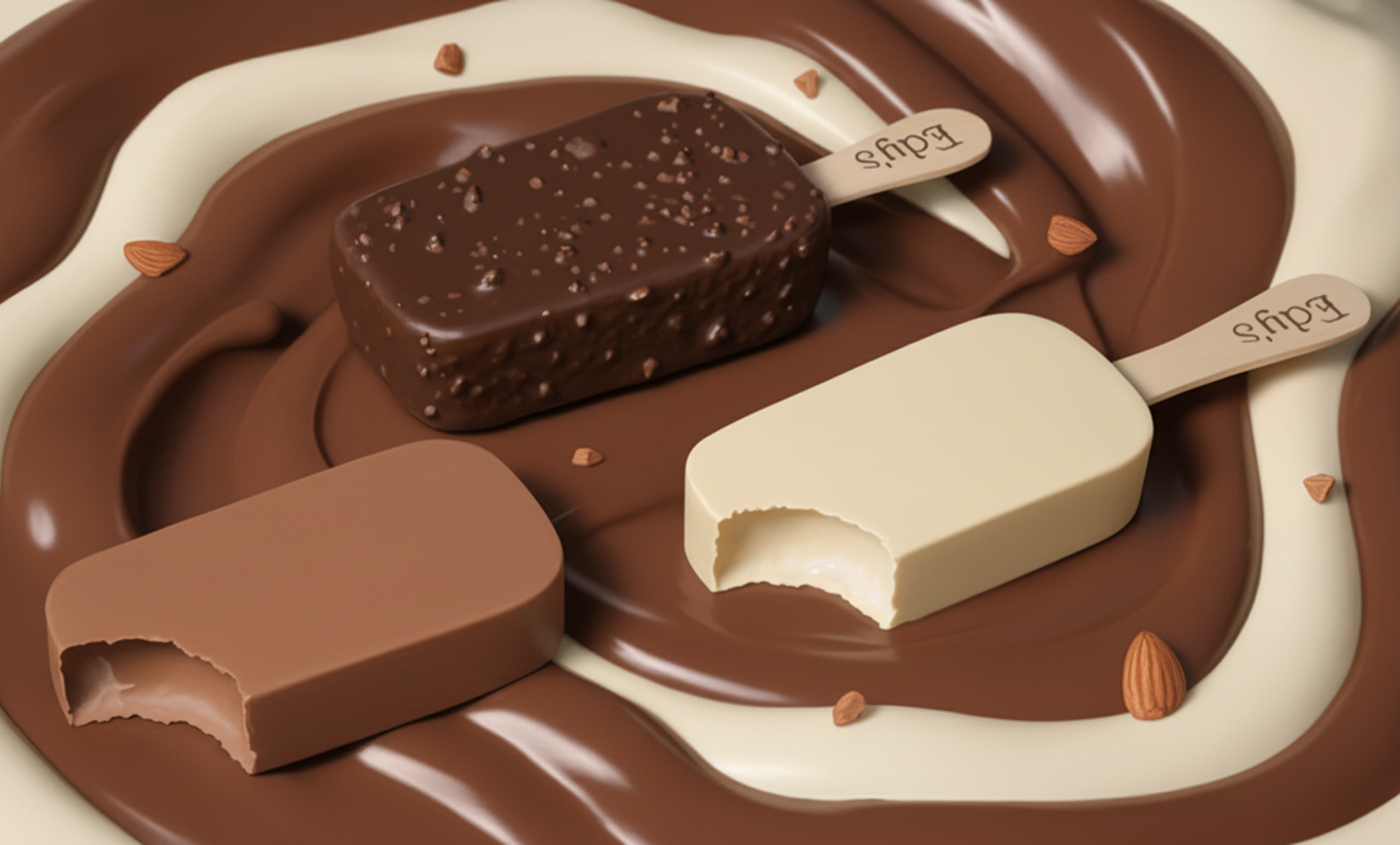  Hero Packaging Bars | Non-melting complete ice cream bars and bar inserts (with scoop for inserting real ice cream in bite), plus simulated chocolate surface. 