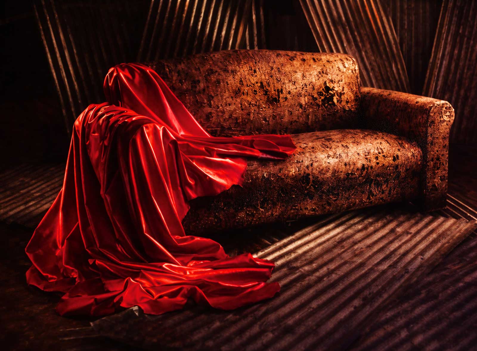  Rusted Metal Couch | Magazine ad for leather company | Tissue paper and sawdust (whatever works) over hardware cloth armature 