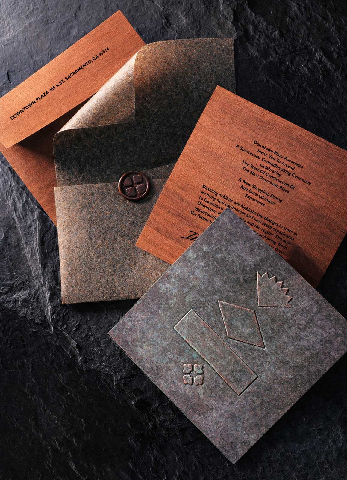  Copper & Wood Invitation | Downtown Plaza | Invitation built from the project’s signature materials | Embossed copper, mahogany veneer, handmade paper, custom wax seal 