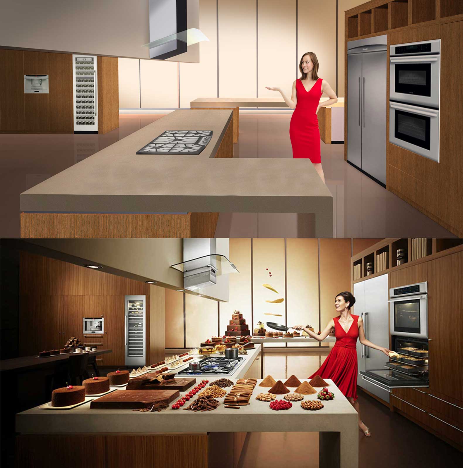  Kitchen Set Rendering and Execution | Thermador | Concept rendering for a national print campaign, guiding final set build, sightlines, and appliance placement. 