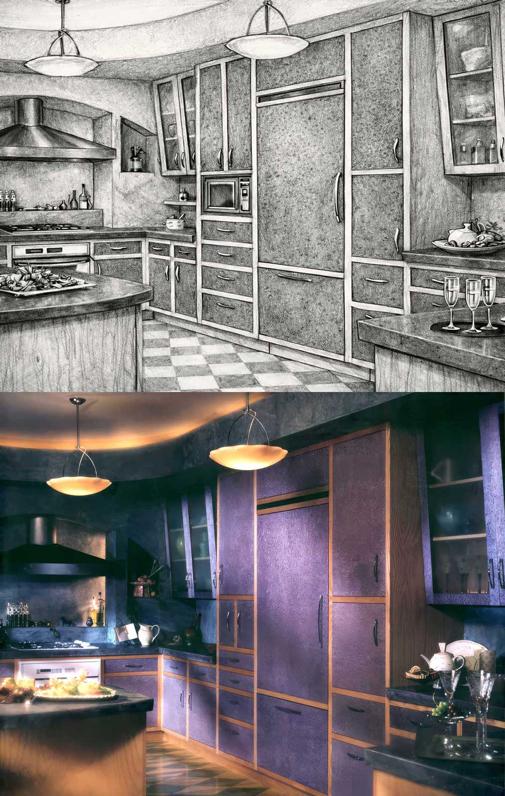  Spatial Study and Final Photo | Amana | Concealed appliance kitchen concept rendered in graphite and executed in wood veneer, concrete and Venetian plaster 