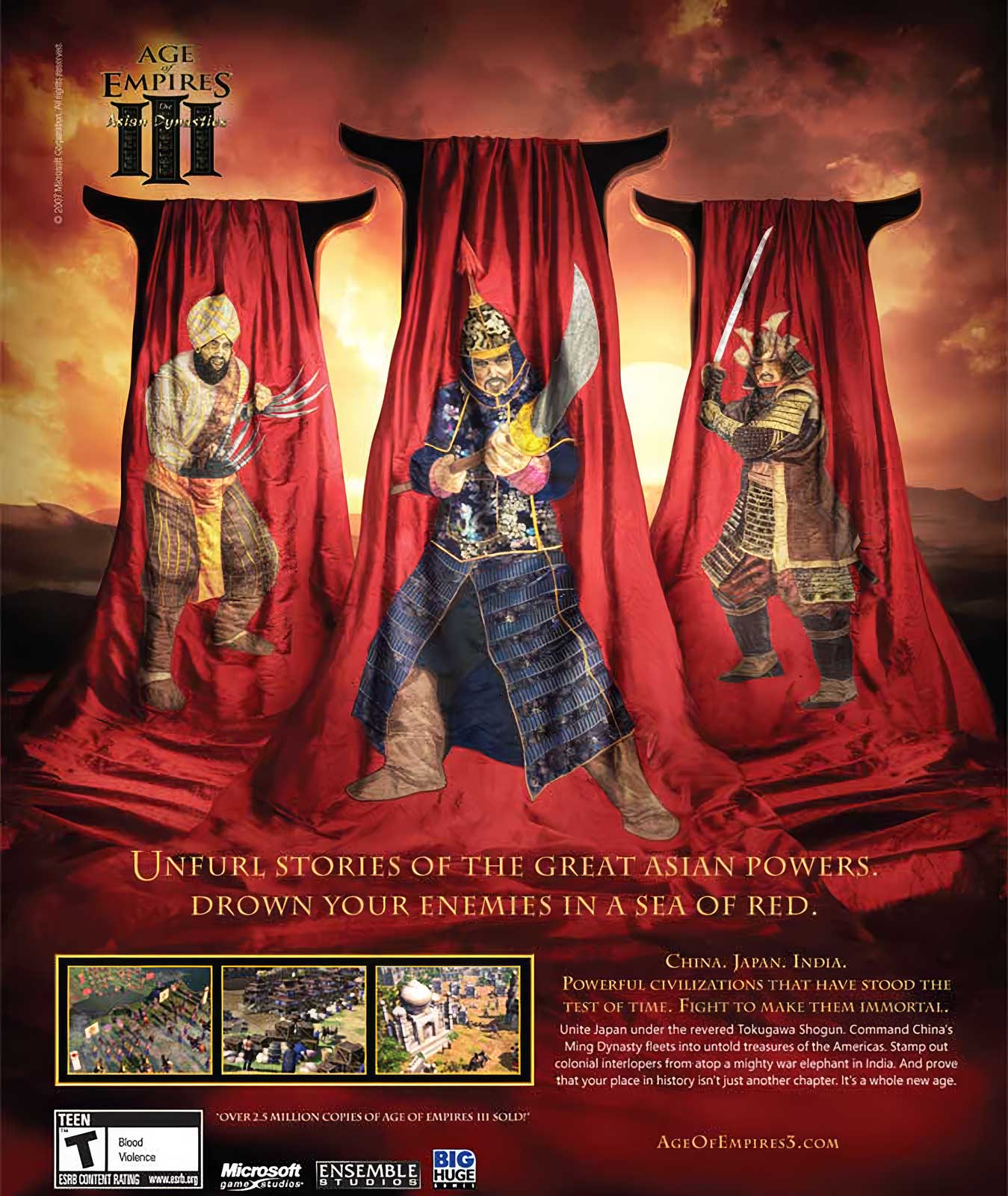  Video Game Ad |Age of Empires |  Fantasy set featuring monoliths with embroidered applique character illustrations. 
